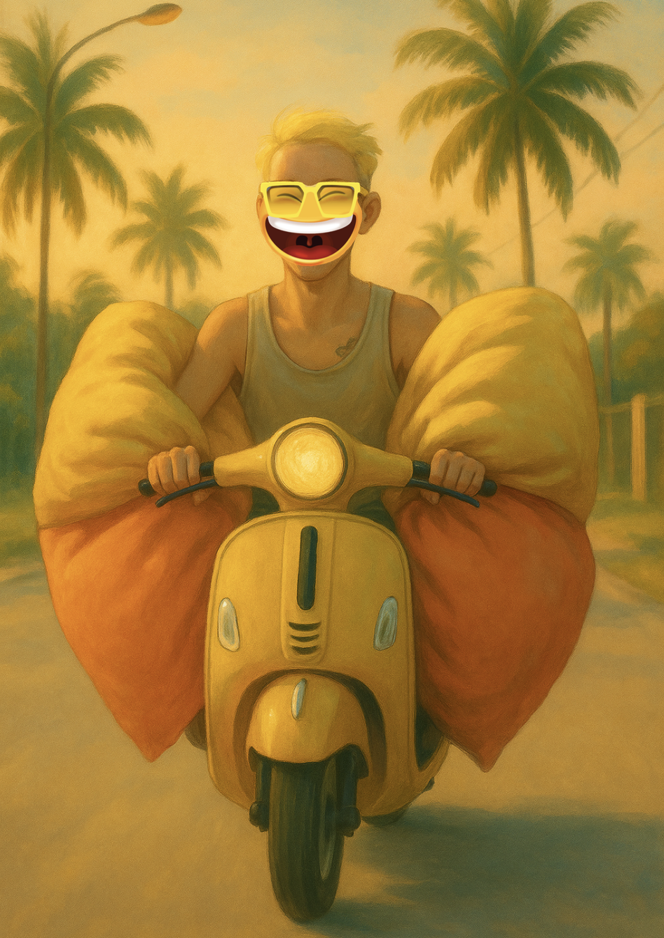 Happy Smile iki büyük puf ile scooter sürüyor, Tayland 2023